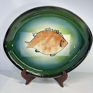 Flat Earth Pottery Vintage‎ Hand-painted Fish Ceramic Serving Platter, 11 X 14